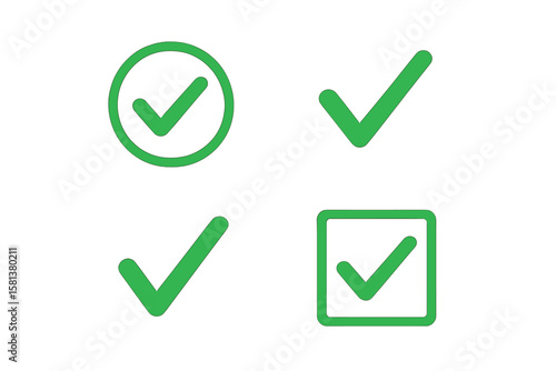 Check mark green vector icon set. Tick symbol collection for checklist design. Correct success sign. Approved, accepted, and completed tasks. Vote choice and validation symbol.