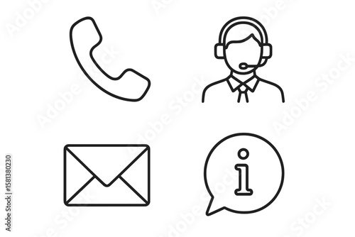Contact us icons set. Line style web symbols for customer support, phone call, email, information, help desk, communication, social media, mobile app, service assistance