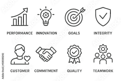 Core values icons set. Line style web symbols for business performance, innovation, goals, integrity, customer focus, commitment, quality, teamwork. Leadership concept vector