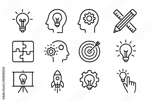 Creative Innovation and Business Solution Icon Set. Thin Line Vector Symbols for Brainstorming, Problem Solving, Startup, Strategy, and Success Concepts. Editable Stroke, Transparent Background.