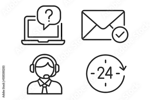 Customer support service icons set. Online help desk, email contact, 24 hour assistance, operator, technical support, communication, web, mobile app, line style vector