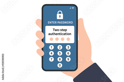 Two-step mobile authentication screen. Hand holding smartphone with lock icon and PIN keypad for secure password entry and verification code input. Cyber security concept.