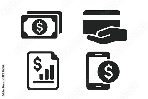 Modern Finance and Payment Icons Set. Cash, Credit Card, Mobile Banking, Digital Payment, Financial Report, Money Transfer, Business Transaction, Banking, Solid Vector Illustration