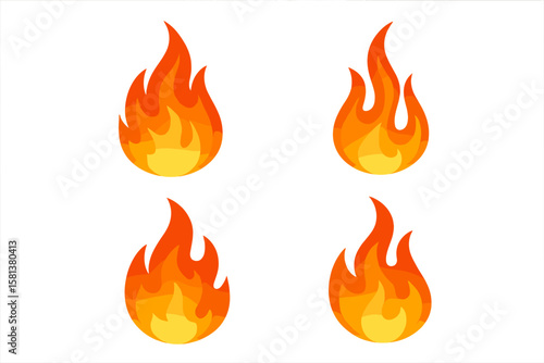 Stylized fire flame vector icons set of four. Abstract burning flame symbols on transparent background. Hot fire graphic for logos, signage, hazard, energy and heat concepts.