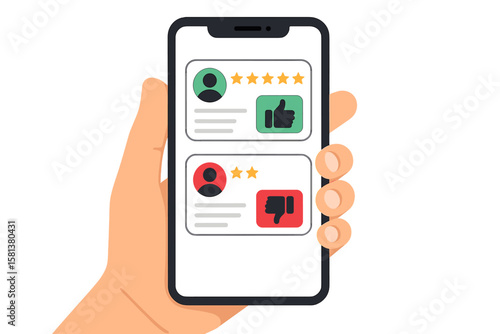 Hand holding smartphone displaying user reviews and star ratings, positive and negative feedback, customer experience evaluation, thumbs up and down, client satisfaction survey