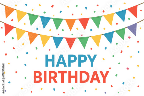 Happy Birthday Banner Vector Design Template with Multicolored Party Flags, Carnival Garland, Confetti Decoration for Birthday Celebration, Festive Birthday Party Decor