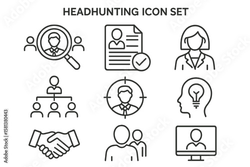 Headhunting Recruitment Icon Set. Executive Search, Talent Acquisition, HR Management, Resume, Interview, Candidate Selection, Business Teamwork, Leadership, Online Interview, Thin Line Vector