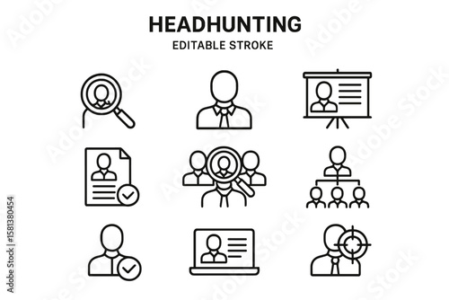 Headhunting Recruitment Icon Set. Executive Search Thin Line Icons. Human Resources, Talent Acquisition, CV, Candidate Selection, Job Interview, HR Management, Editable Stroke Vector Illustration