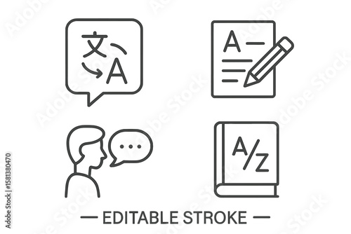 Language translation communication linear icon set. Editable web icons featuring translate arrows, text edit pencil, speech bubble silhouette, A-Z dictionary glossary design.