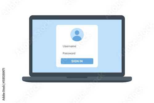 Laptop screen showing login and password form page, user registration and sign-in interface, user authorization and authentication concept, notebook with digital security access