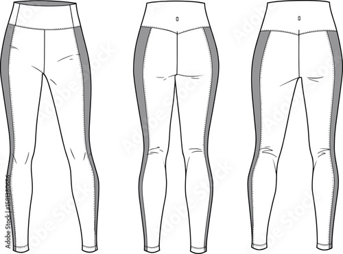 High-waisted leggings sketch, front side back view, contrast panel detail, technical drawing, garment template, fashion vector, clothing design, flat layout, white background