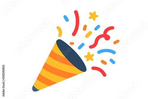 Festive party popper with vibrant confetti explosion. Celebration fireworks element. Colorful confetti blast for birthday, new year, holiday party design vector graphic illustration