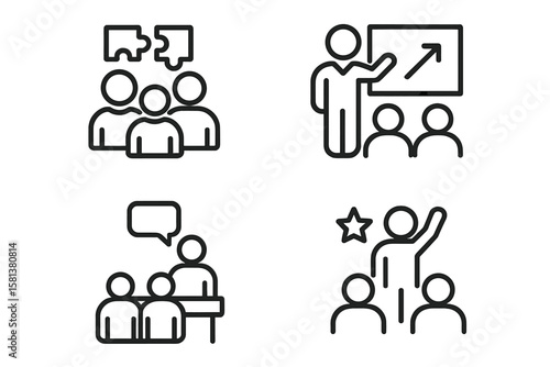 Teamwork collaboration icon with puzzle pieces and group, presentation training chart line icon, group discussion speech bubble vector, leadership recognition star symbol