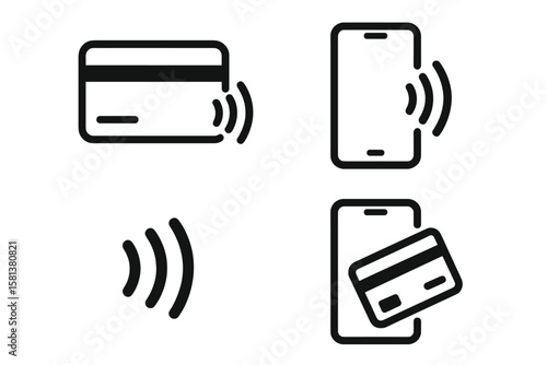 NFC Wireless Payment Technology Icons Set. Contactless Payment with Credit Card and Smartphone. Mobile NFC Payment, Tap to Pay, Digital Wallet, Cashless Transaction Symbols
