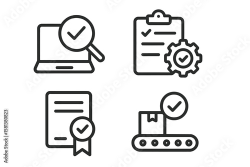 Quality control line icons set for web and mobile apps, inspection, evaluation, production, and quality assurance symbols, computing and manufacturing vector graphics