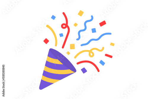 Festive party popper icon exploding with colorful confetti and streamers, celebration element for New Year, birthday party, holiday and anniversary event decoration design vector