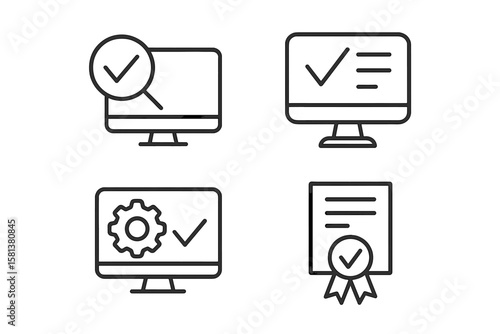 Quality control line style icon set. Web UI vector icons for monitor inspection with magnifying glass check, evaluation checklist, production gear check, certification badge