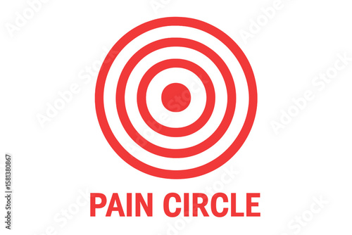 Red concentric pain target symbol. Radiating red rings icon representing acute pain sensation. Medical pain hotspot heatmap vector for healthcare therapy and diagnosis.