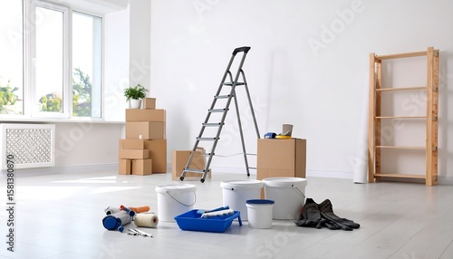 Interior room undergoing renovation. Painting supplies and boxes are visible
