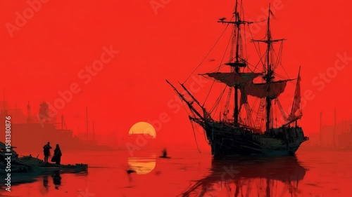 Old sailing ship on water at sunset, cityscape in background