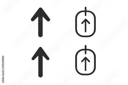 Scroll navigation icon set. Vector illustration of up and down arrows and scrolling mouse symbols for website UX and web design, mobile app UI navigation controls, directional indicators.