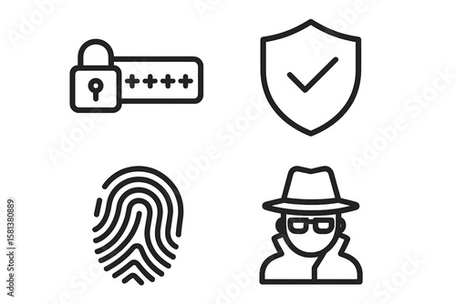 Line style vector cyber security icon set for web and mobile: padlock password entry, shield checkmark protection, fingerprint authentication, spy agent privacy silhouette