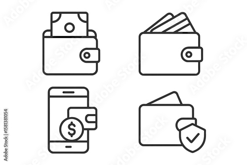 Vector line icon set illustrating wallet and payment concepts: cash wallet with banknote, credit card wallet, mobile digital wallet with dollar symbol, secure wallet with shield