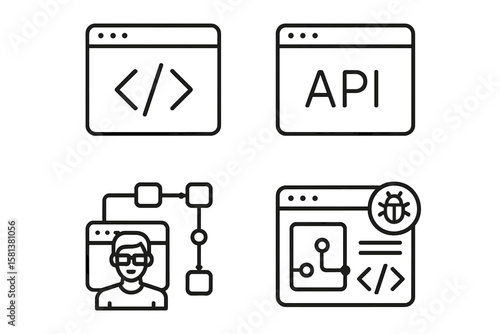 Line style web development icon set: browser window with code brackets, API interface symbol, developer profile with workflow and node connection, bug fix and coding process icons