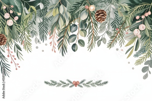 Watercolor vector Christmas card with fir branches and eucalyptus.