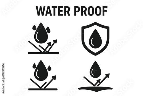 Waterproof icon set. Water resistant symbols. Liquid repellent, anti-wetting, water protection, shield with droplet, impermeable material, moisture barrier vector illustration