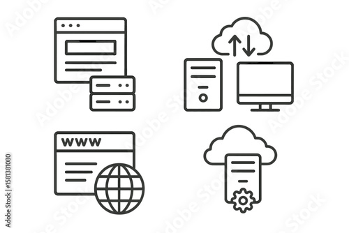 Web hosting and cloud computing vector icon set. Line style symbols for webspace, domain, data exchange, server, website, cloud storage, internet, networking, online technology