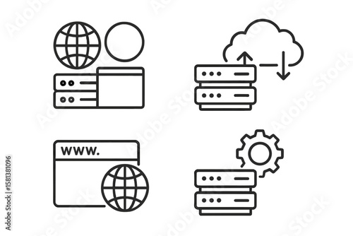 Set of 4 web hosting and cloud computing icons in line style, including webspace, data exchange, domain, cloud, and website symbols for web and mobile app design