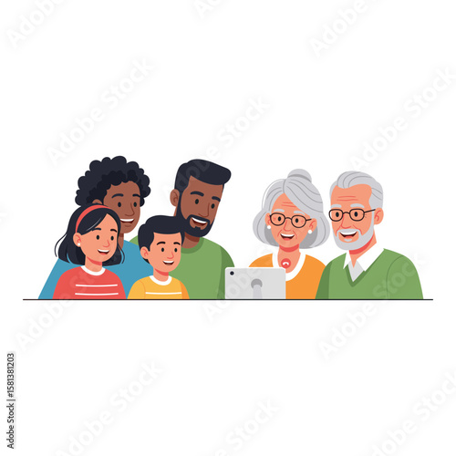 Happy Multi-generational Family Video Call with Grandparents on Tablet