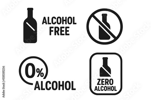 Alcohol free icon vector set, zero alcohol emblem, 0% alcohol label, non alcoholic safe product symbol, skin & body care, cosmetic icons, no alcohol content, safe and natural