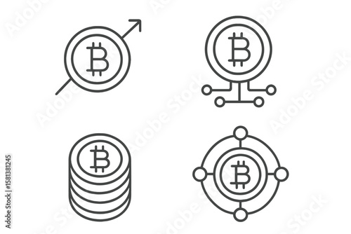 Bitcoin cryptocurrency line icon set. Blockchain technology, digital finance, and investment growth concepts. Vector crypto coin graphic symbols for web and mobile design.