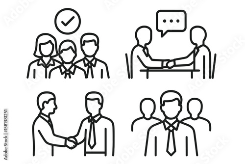 Business people icon set in line style. Teamwork, collaboration, management. Business meeting, handshake, agreement, deal, partnership. Professional success, corporate team.
