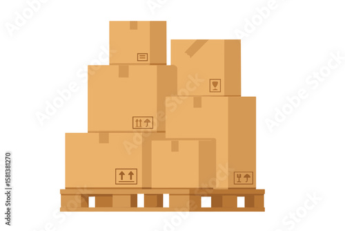 Stack of cardboard boxes on wooden pallet, warehouse storage, front view, vector illustration, folded boxes, packaging, shipping, logistics, delivery, inventory, distribution