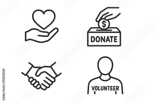 Charity and Donation set of 4 line style web icons. Volunteering, help, caring, solidarity, alms, donate, volunteer, community support icons for web and mobile apps.