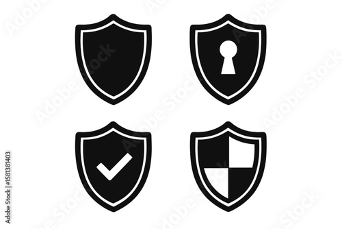 Set of shield security icons. Protection, safety, and guard emblems. Vector graphic collection with keyhole, checkmark, and defense symbols. For web, app, and logo design.