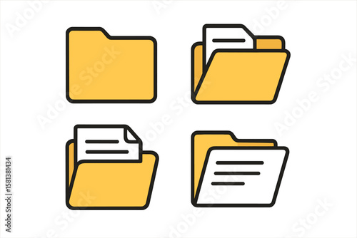Folders icon set with documents, open and closed folders, document directory signs, data office folder files, flat icons for web and office, set of 4 folder graphics