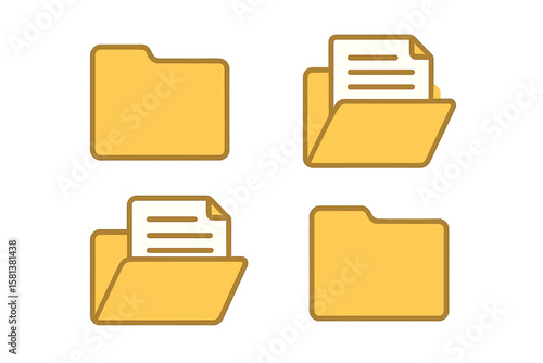 Folder icon set. Open and closed folders with documents. Document directory sign. Data office file concept. Flat icons for web design and UI. File management and storage.