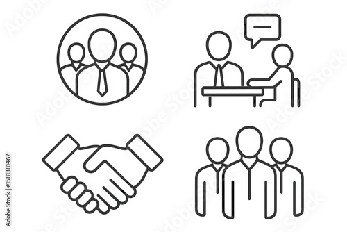 Business icon set in line style. Teamwork, meeting, and handshake icons. Collaboration, partnership, and corporate communication symbols. Human resources and recruitment vector.