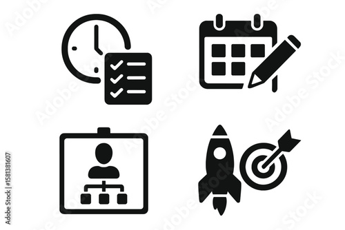 Project management solid glyph icons set. Business organization concept. Time management. Planning schedule calendar. Hierarchy structure. Startup launch goal target marketing.