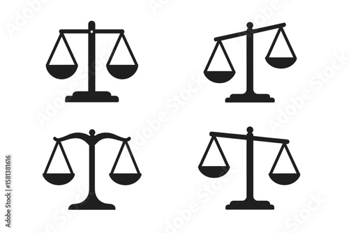 Scales of justice icon set. Law and legal symbol for court or lawyer. Libra zodiac sign. Black vector illustration showing balance and imbalance. Equality and decision concept.