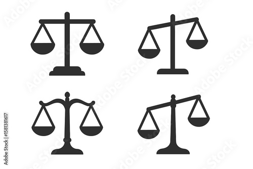 Scales of justice vector icon set for law and legal concepts. Four different flat silhouettes of balance scales showing equilibrium and imbalance. Symbol of fairness and court.