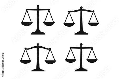 Scales of justice vector icon set. Law and legal concept. Libra zodiac sign symbol. Court, judge and lawyer emblem. Balance, equality, truth, crime and punishment metaphor.