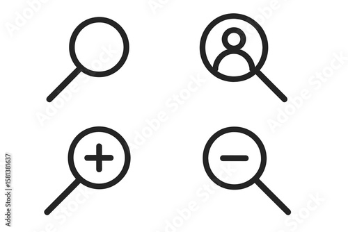 Set of 4 magnifying glass icons, search icons collection, magnifier and loupe symbols, concept for finding people and work, vector illustration on transparent background