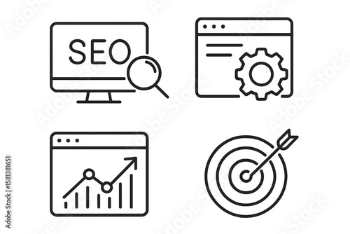 SEO optimization line icons set. Search Engine Optimization concept. Business marketing strategy for traffic growth, website ranking and target achievement. Analytics vector.