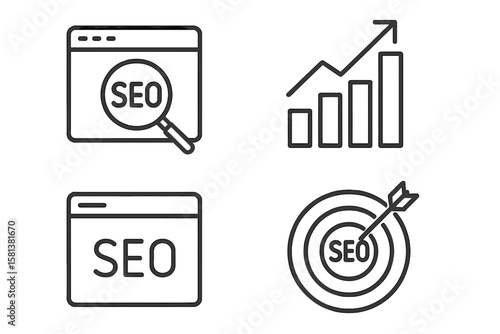 SEO optimization line icon set. Search Engine Optimization. Business traffic growth, marketing strategy, target achievement. Digital analytics and content promotion vector icons.
