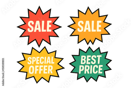 Set of 4 colorful sale stickers, price tags, starburst badges, quality marks, retro sunburst stars, flat vector marketing elements, attention grabbers for promotions